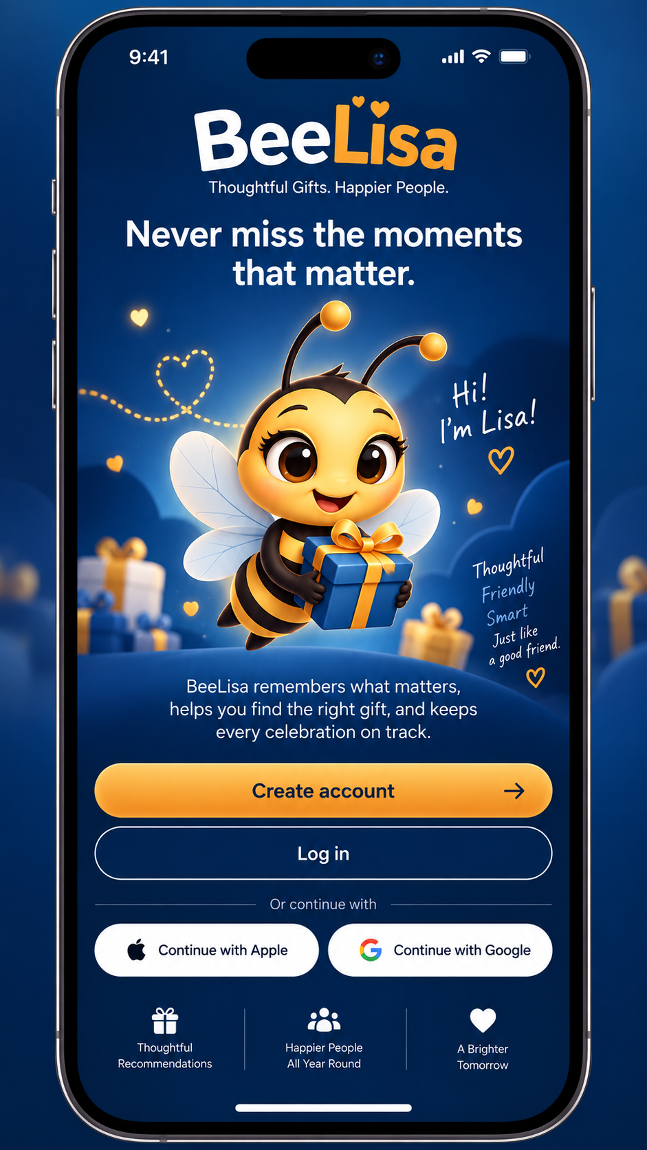 BeeLisa app welcome screen featuring Lisa the bee